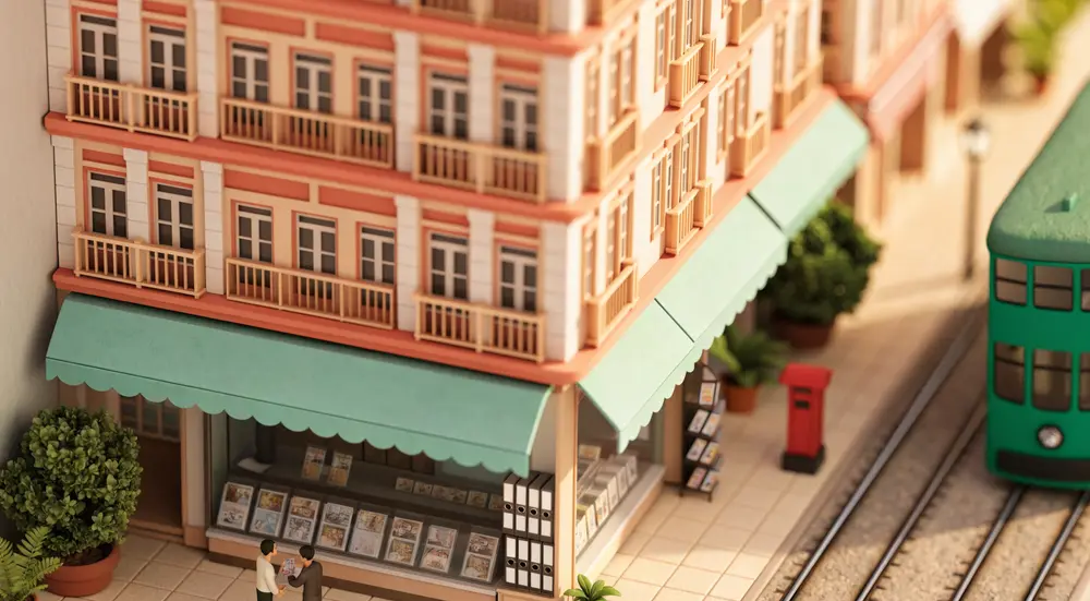 The miniature card shop in deep green evening light