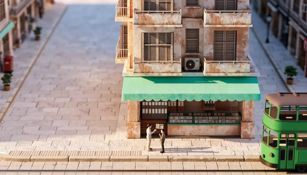 A miniature Hong Kong street in afternoon sun: a card shop under a mint awning, binders and sleeved cards in the window, two traders on the pavement