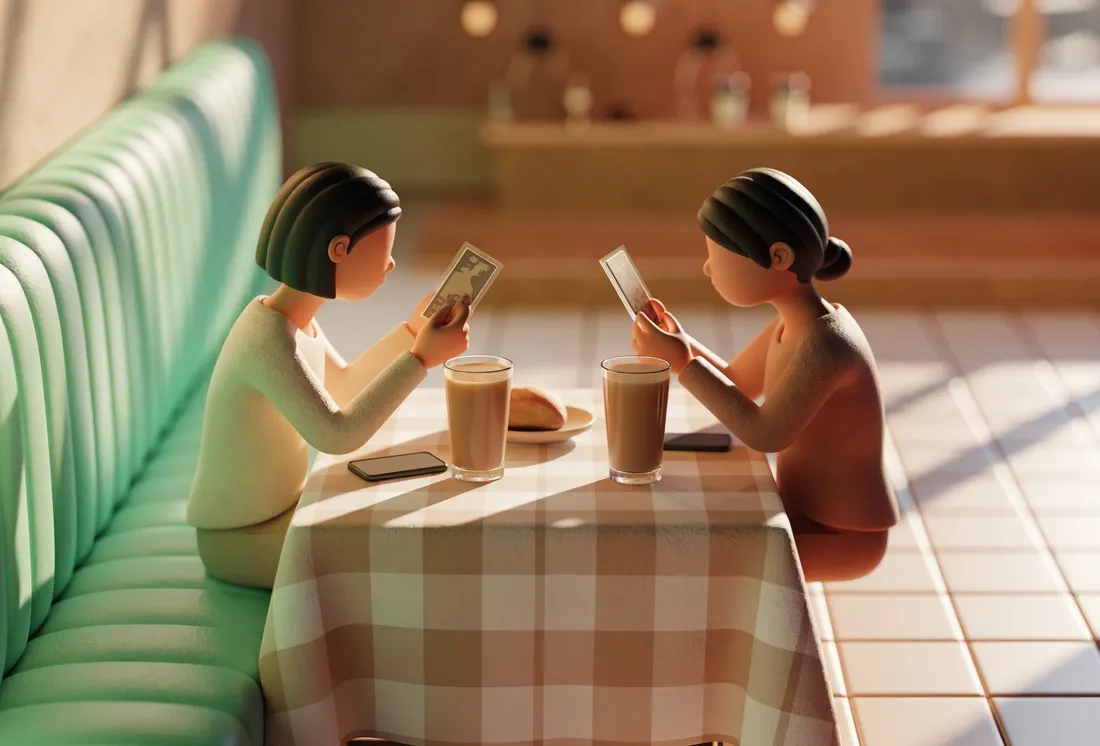 Two miniature traders comparing cards over milk tea at a cha chaan teng table