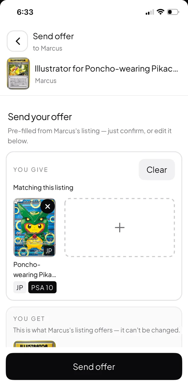 The Bindy offer screen, pre-filled with both sides of the trade